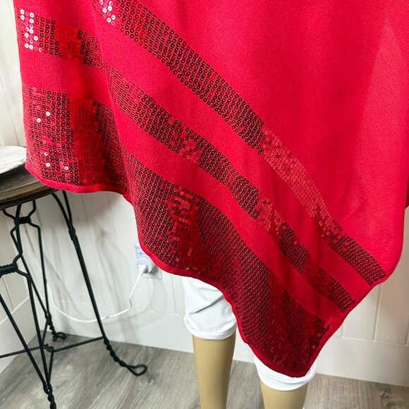 Allison Daley Red Sequin trimmed Cowl Neck Poncho XL Holiday Christmas Party - Picture 5 of 10